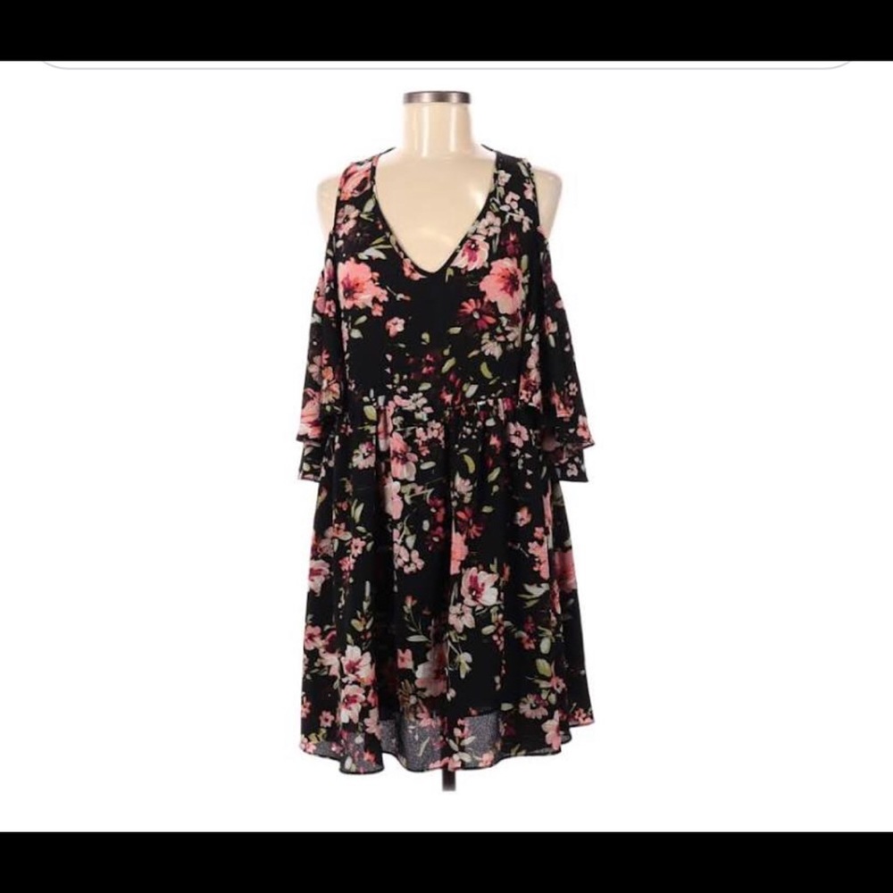 Off Shoulder black multi floral flowy midi dress